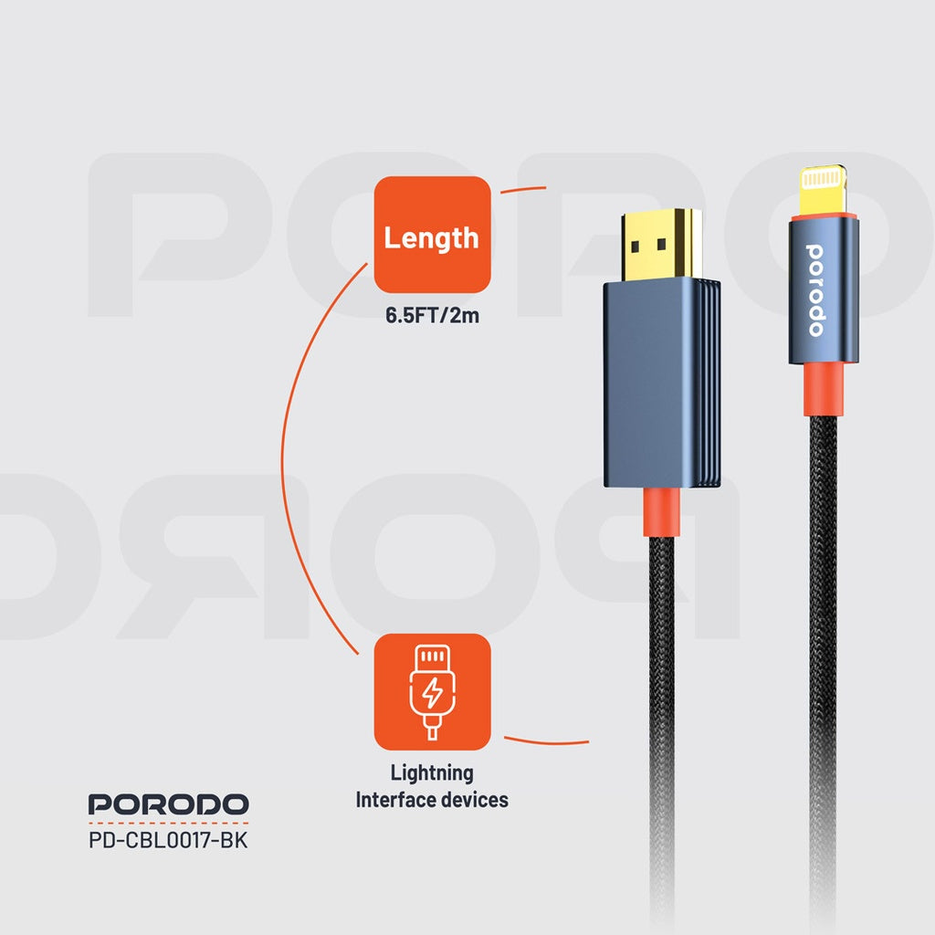 Porodo Woven Cable Lightning to HDMI - Black Porodo Woven Cable Lightning to HDMI - Black